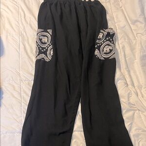 Bohemian Black Elephant Print Women's Pants L
